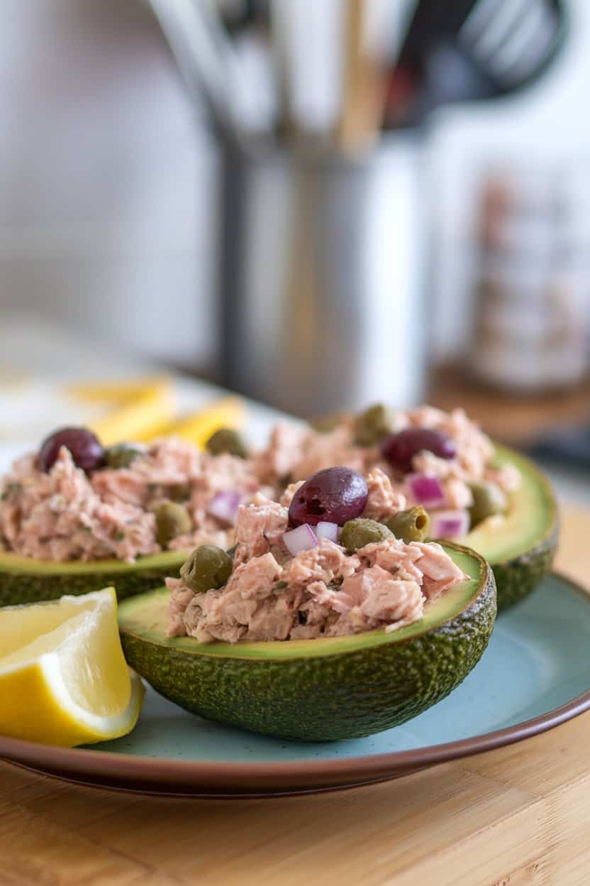 Indoor plate with halved avocados filled with tuna salad mixed with olives, capers, and red onion, lemon wedge on side. No text or logos, photo not illustration.