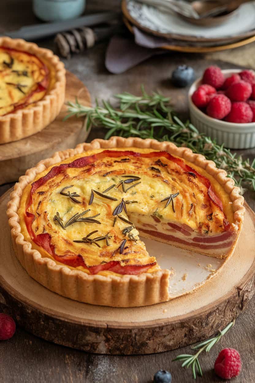 Indoor photo of a round quiche with visible turkey bacon edges, slice removed to display veggie-studded filling; no text or logos