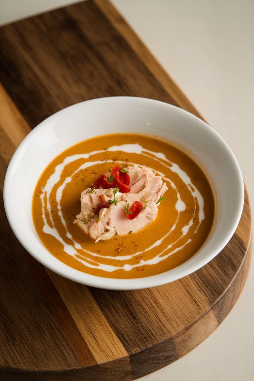 Indoor gourmet presentation of a smooth, rich chicken bisque in a white bowl with a drizzle of cream; no text or logos.