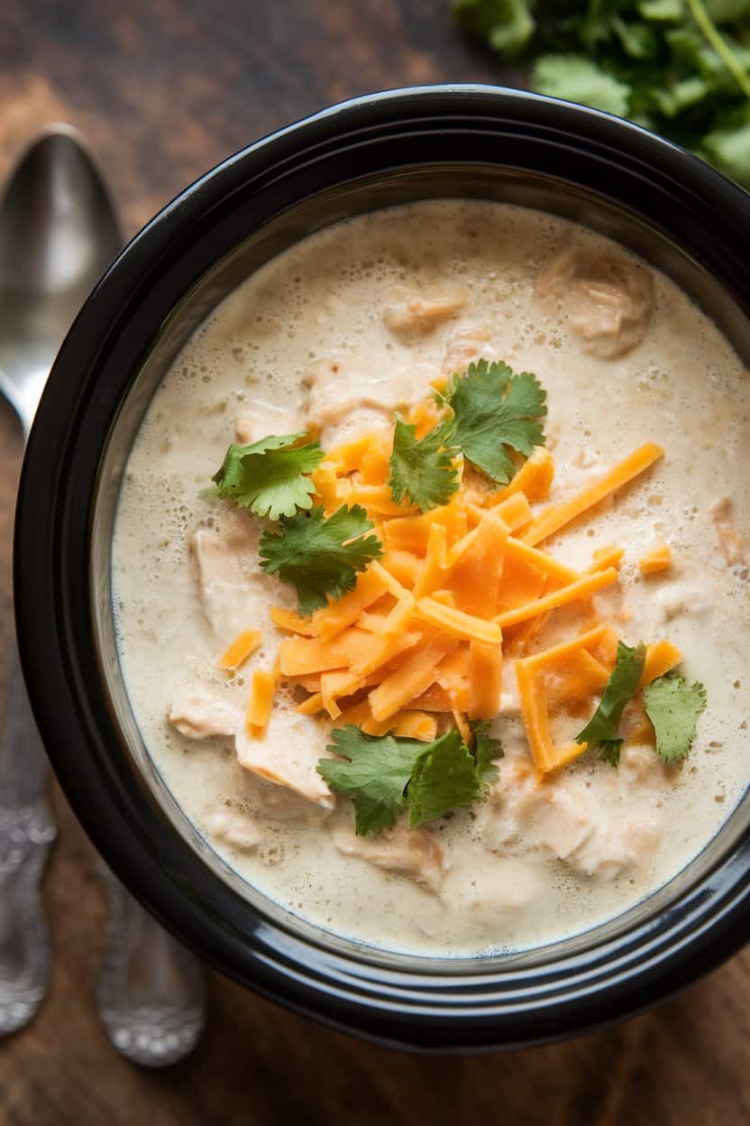Indoor soup crock filled with creamy white chicken chili topped with Monterey Jack shreds and chopped cilantro; spoon resting beside; no text or logos.