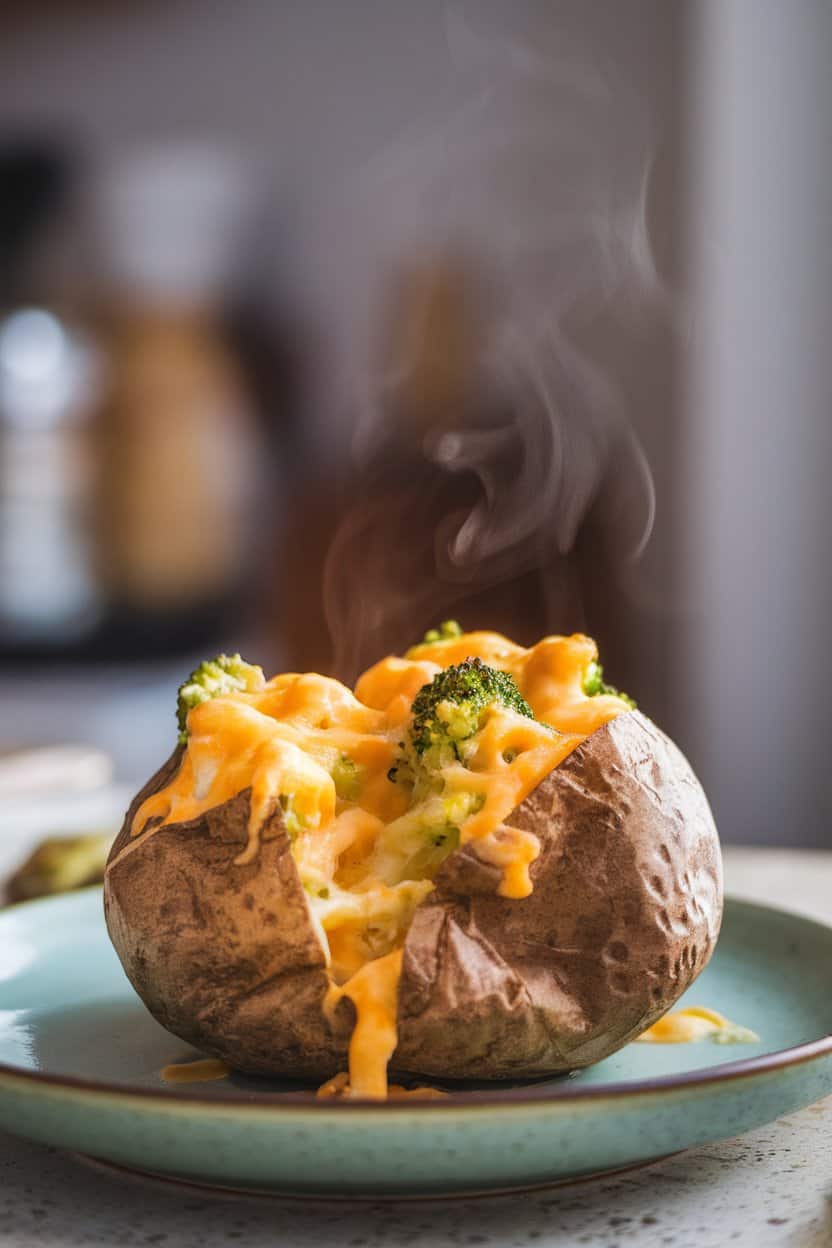 A split baked potato overflowing with cheesy broccoli filling on an indoor plate, steam drifting upward. No text or logos present. Photo only.