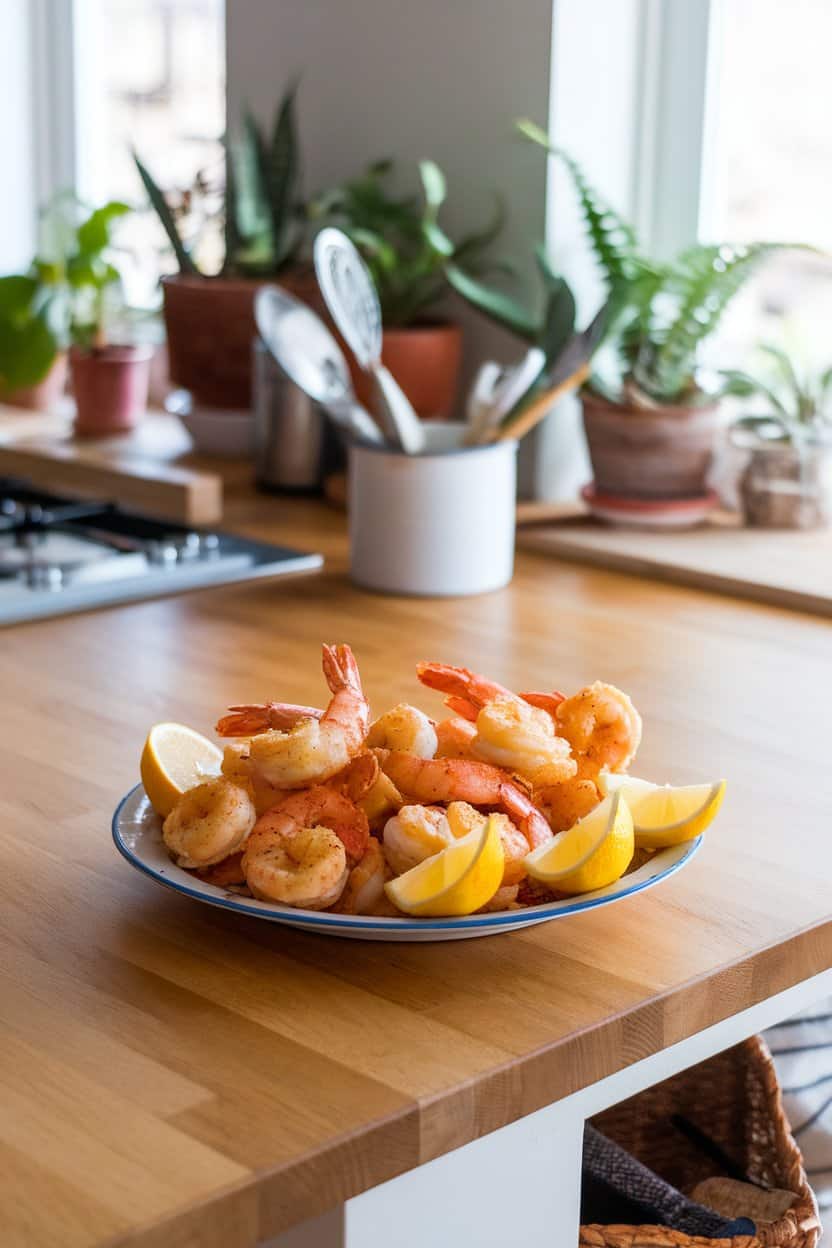 Indoor kitchen island with a plate of golden air-fried shrimp dusted in Old Bay seasoning, lemon wedges alongside. No text or logos present.
