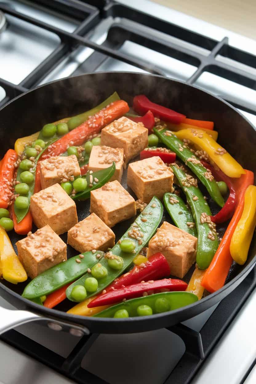 An indoor stovetop scene with a nonstick skillet holding tofu cubes and colorful snap peas, carrots, and bell peppers coated in a glossy sesame-ginger sauce. Steam rises gently; no text or logos.