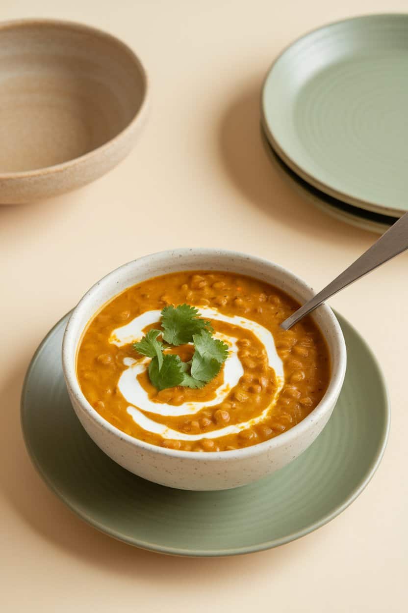 Indoor bowl of golden curried lentil soup garnished with yogurt swirl and cilantro. Photo, no text or logos.