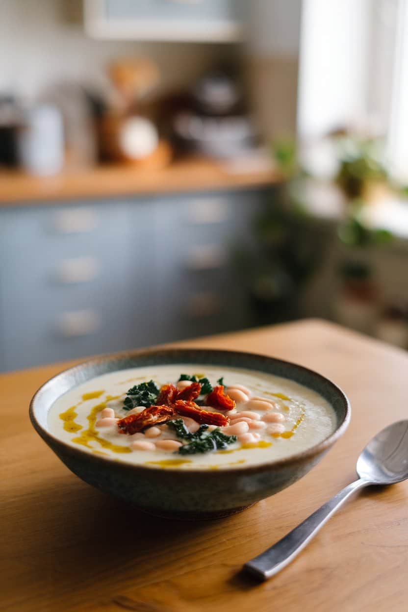 An indoor table scene featuring a bowl of creamy white bean soup speckled with kale and sun-dried tomatoes, drizzle of olive oil on top. No text or logos. Photo only.