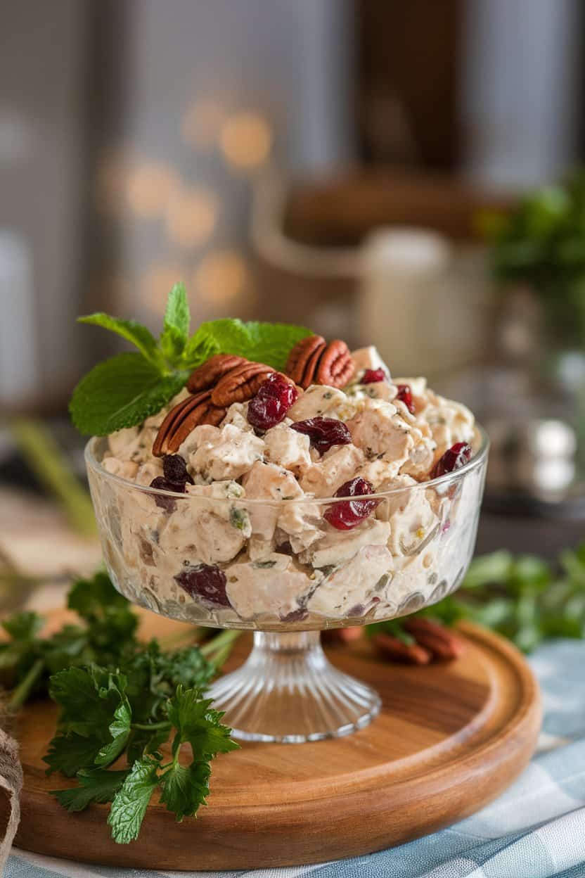 Indoor photo of festive chicken salad studded with dried cranberries and toasted pecans, served in a small glass trifle bowl, soft ambient lighting—no text or logos