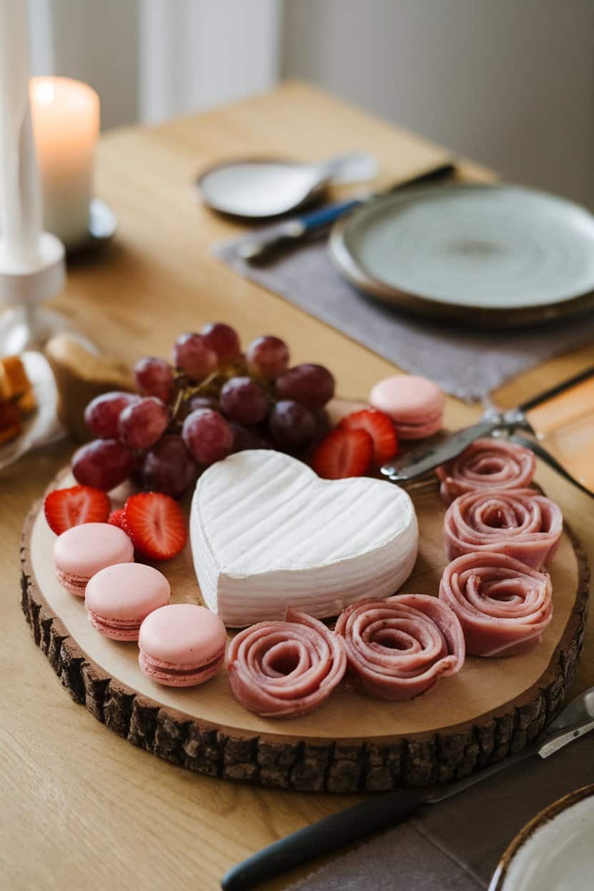 An indoor dining table with a wooden board featuring heart-shaped brie, red grapes, strawberry slices, cured meats folded like roses, and pink macarons. No logos or text present.