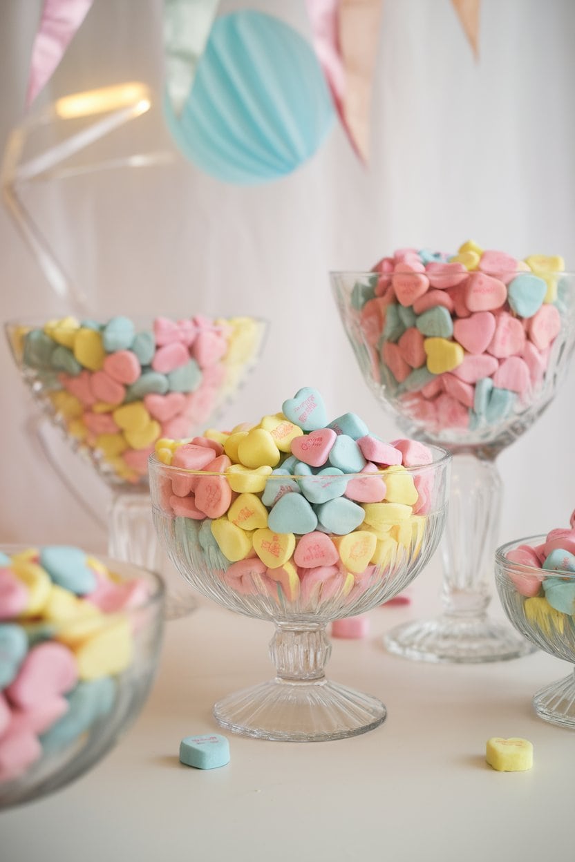 An indoor party table with glass bowls filled to the brim with pastel conversation hearts, soft overhead lighting, no logos or text.
