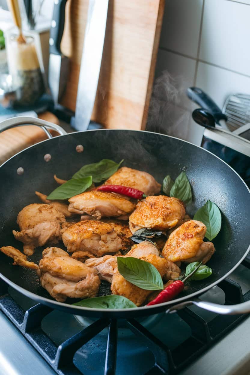 Indoor stovetop scene with a wok of stir-fried chicken thigh pieces, Thai basil leaves, and red chilies, steam rising. Photo only, no branding.