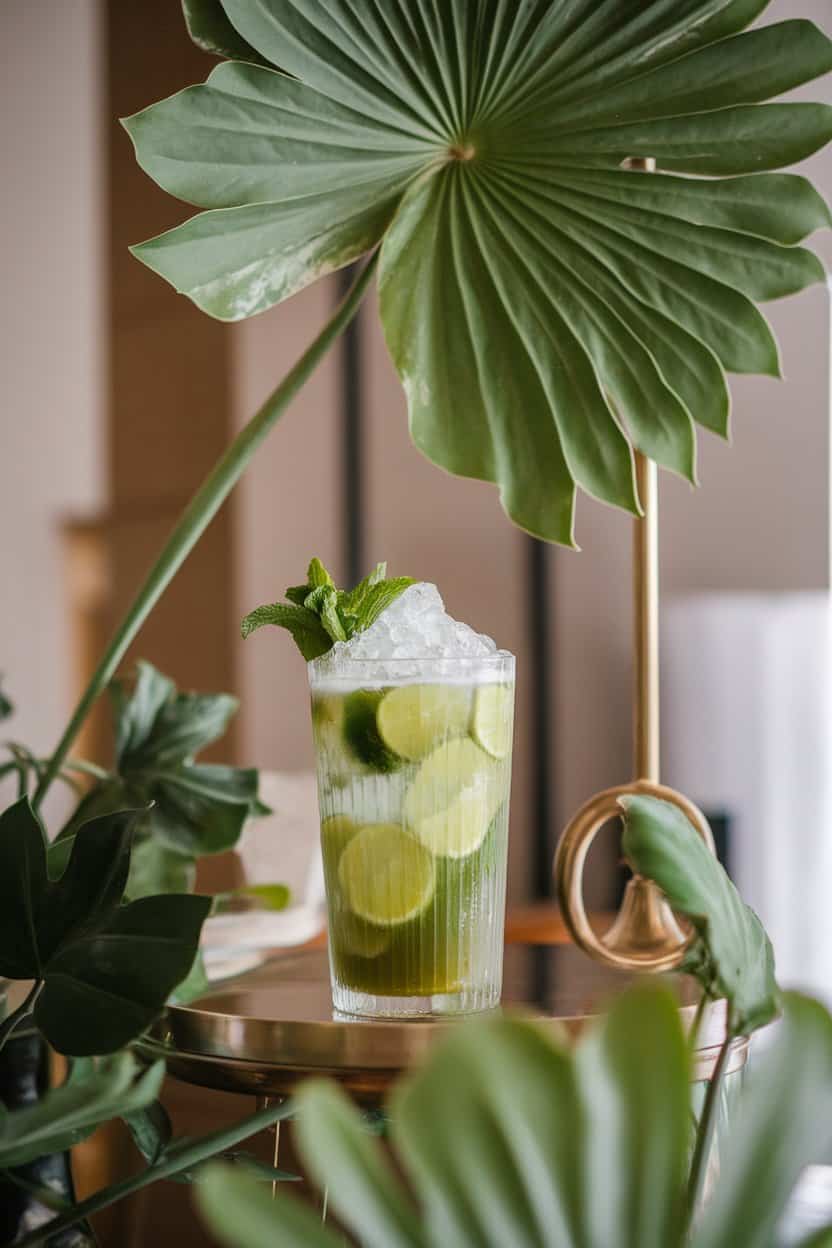 Indoor cocktail station showcasing a tall glass of muddled mint and lime with green matcha soda, crushed ice mound, no text or logos. Photo