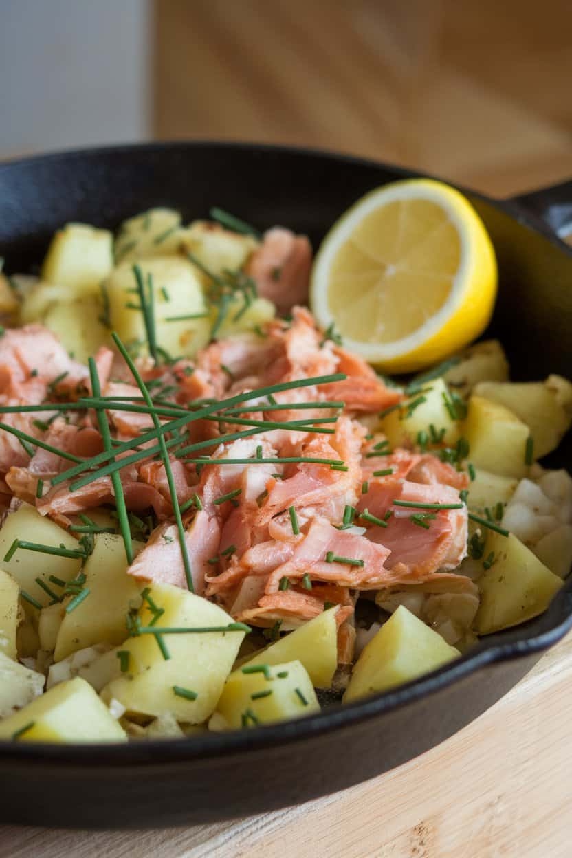 Indoor photo of a skillet hash featuring golden potato cubes, flaked smoked trout, and chopped chives, with a lemon wedge nearby. No text or logos.