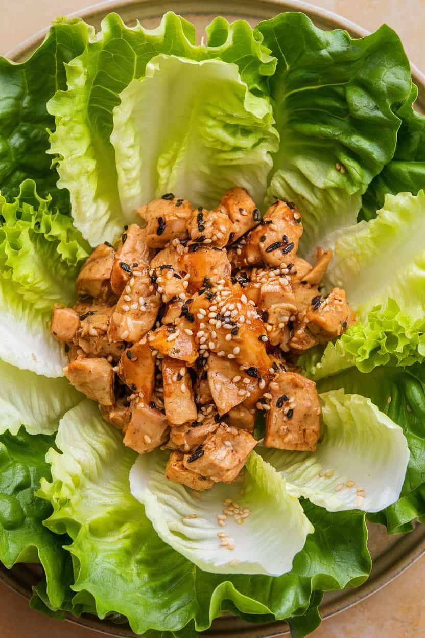 Indoor platter of butter lettuce leaves filled with diced teriyaki chicken and sesame seeds. Photo, no text or logos.