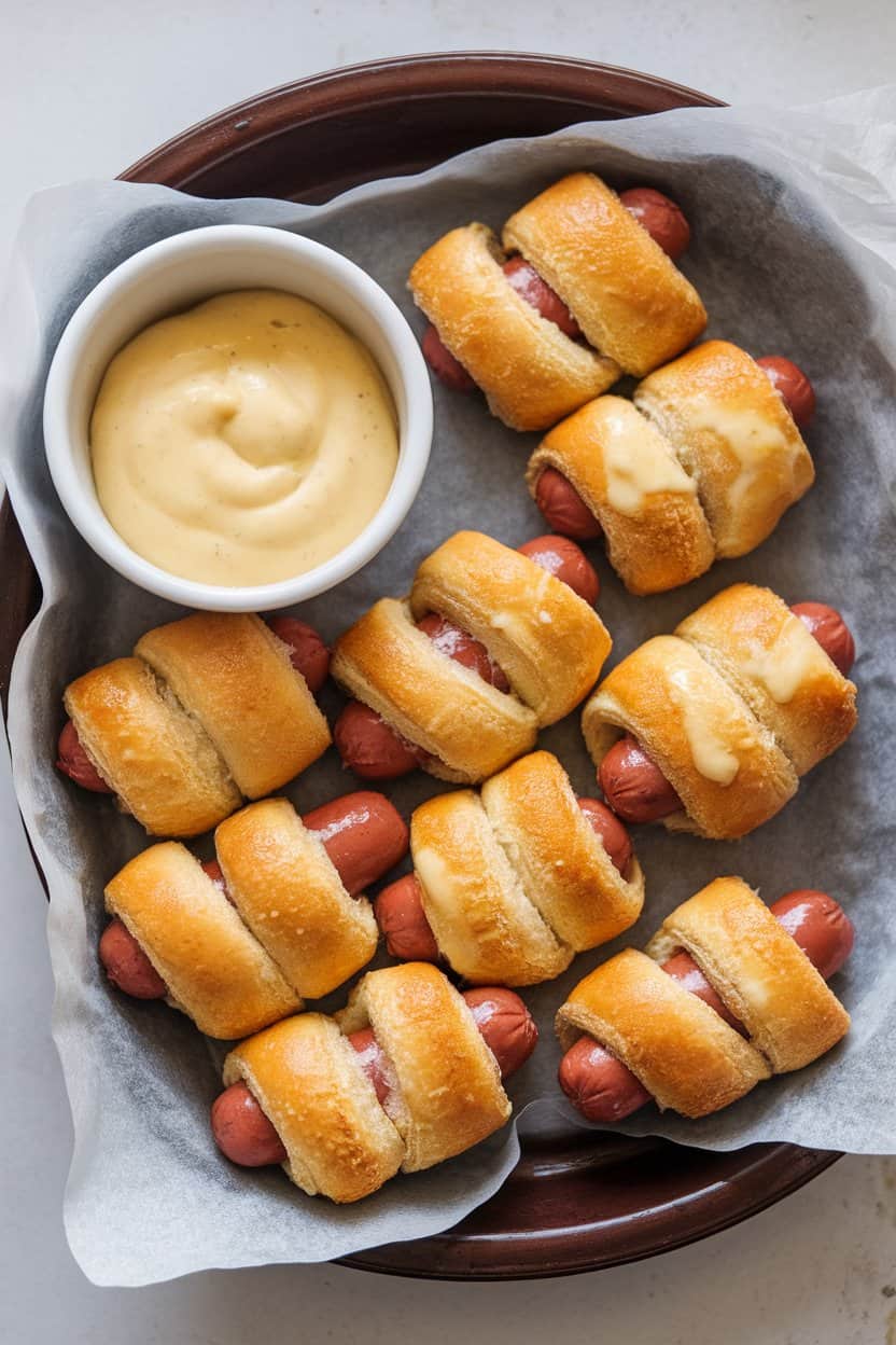 An indoor serving platter lined with parchment, displaying crescent-wrapped mini hot dogs brushed with egg wash and baked golden. A small bowl of mustard sits nearby, free of logos.