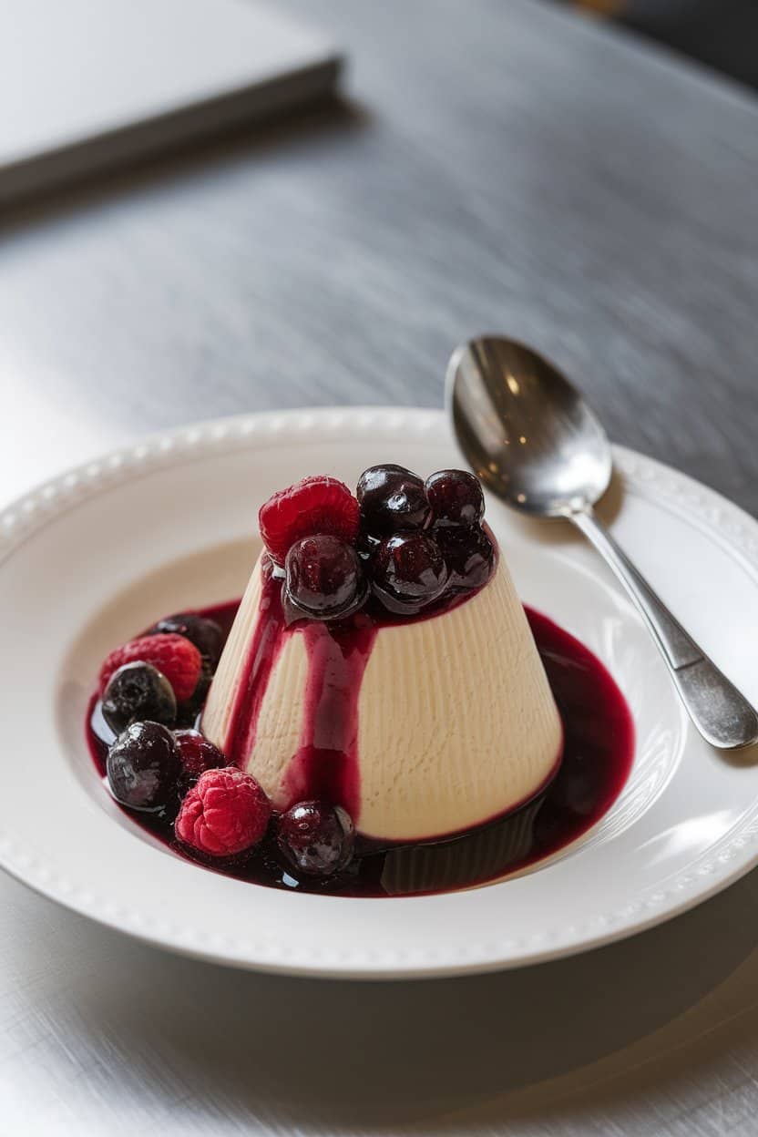An indoor dessert plate with a wobbling vanilla panna cotta topped with glossy mixed berry compote, spoon resting nearby. No logos anywhere.