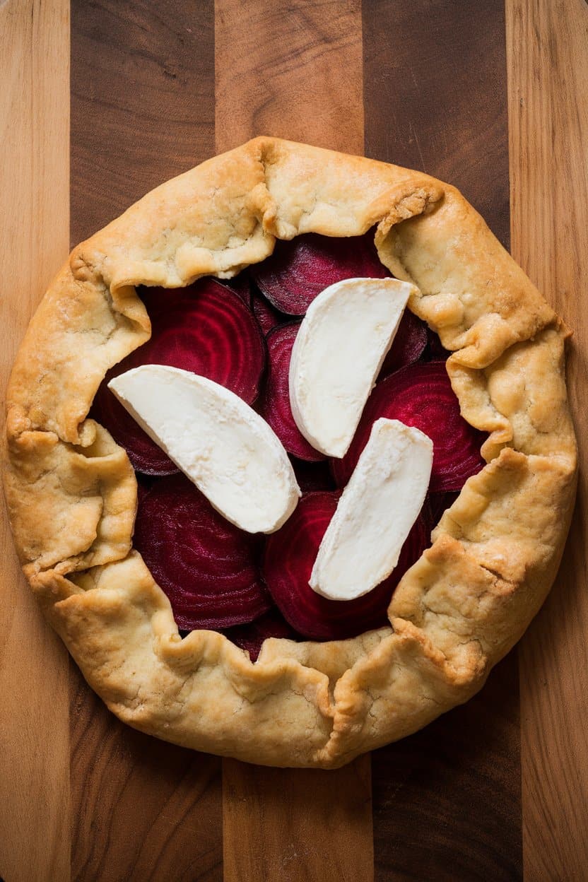 A round rustic galette on an indoor wooden board, ruby beet slices and white goat cheese visible, crust golden, no text or logos.