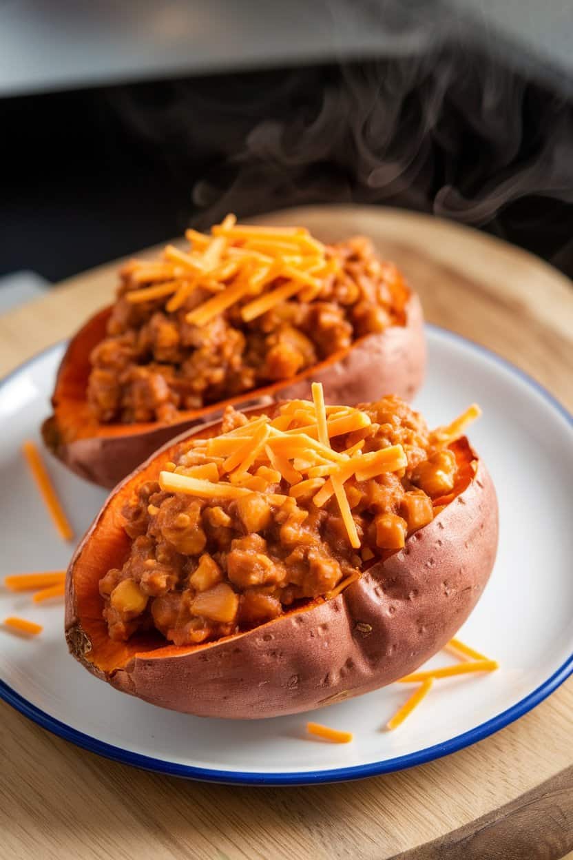 An indoor plate with halved baked sweet potatoes overflowing with turkey chili and sprinkled with cheddar, steam visible. No text or logos. Photo only.