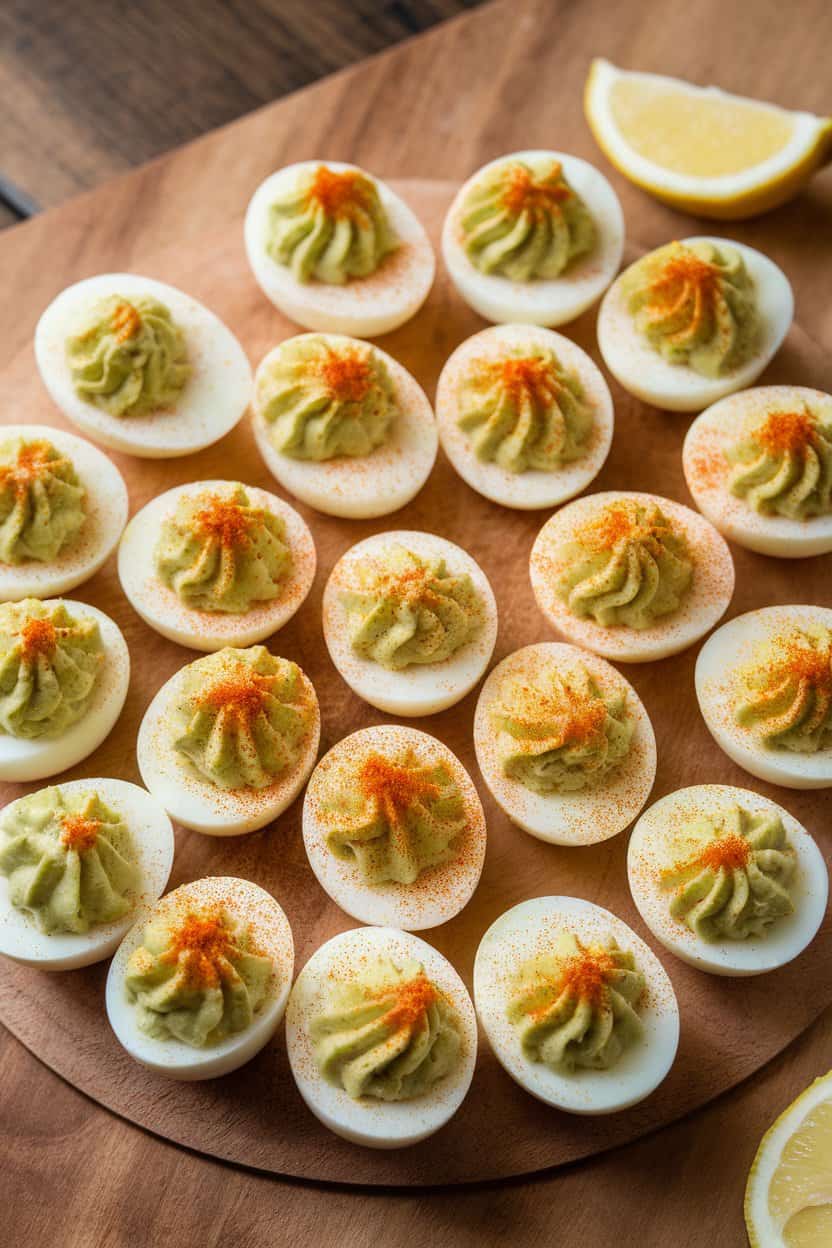 Indoor photo of deviled egg halves with pale green avocado filling, sprinkled with paprika on a serving board; no text or logos visible.