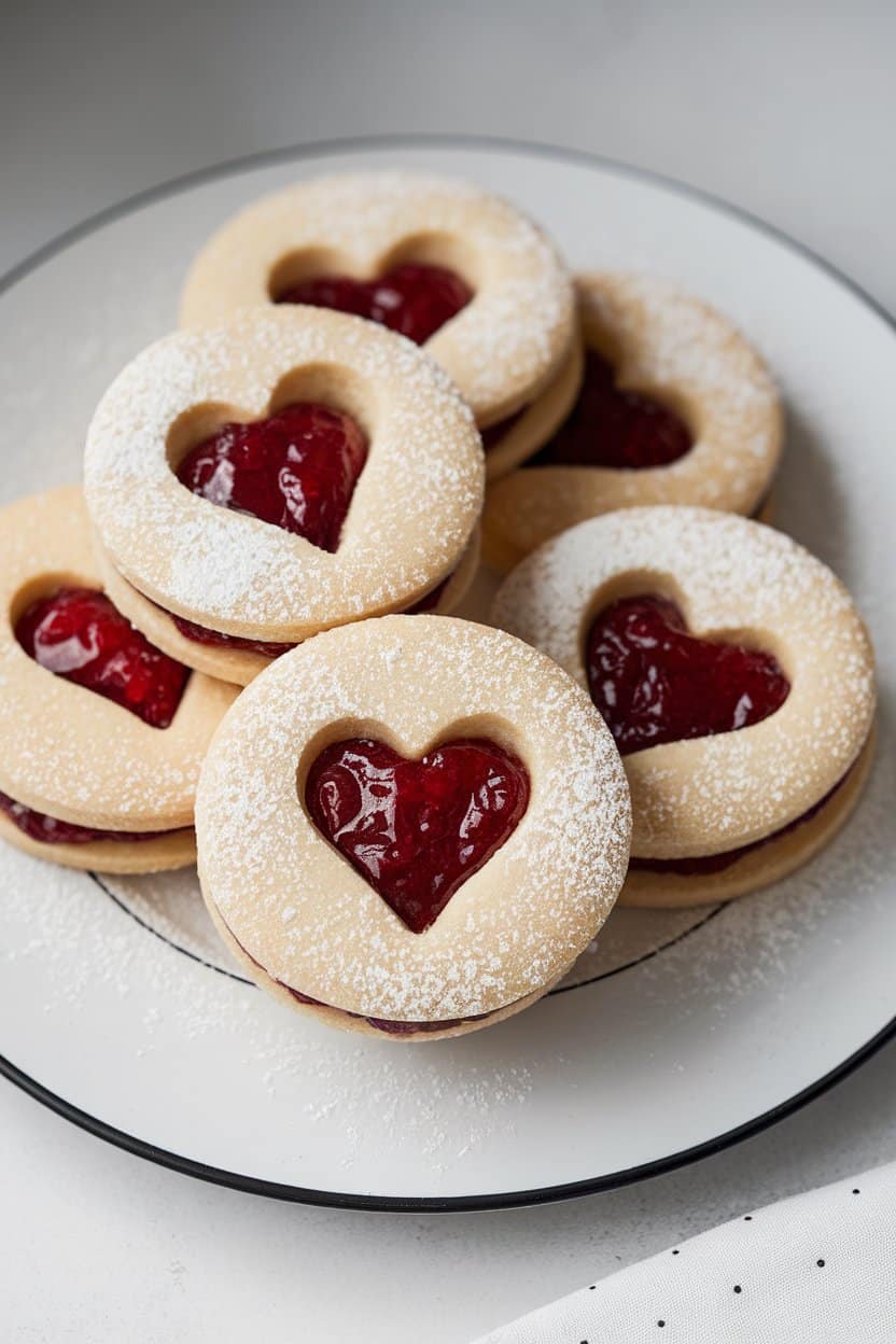 Indoor photo of sandwich cookies with raspberry jam peeking through heart-shaped cutouts, light dusting of powdered sugar, no text or logos