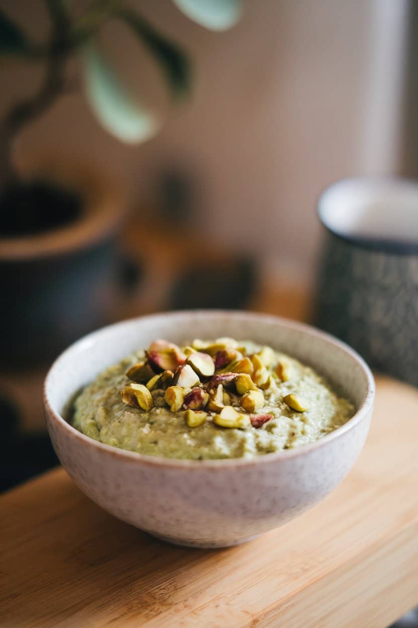 Indoor photo of pale green matcha oats topped with chopped pistachios and a drizzle of honey, shot in soft morning light; no text or logos.