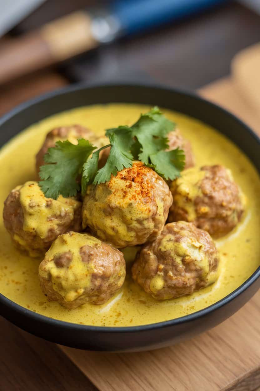 An indoor bowl of small meatballs coated in creamy yellow coconut curry sauce, cilantro sprigs on top. No logos.