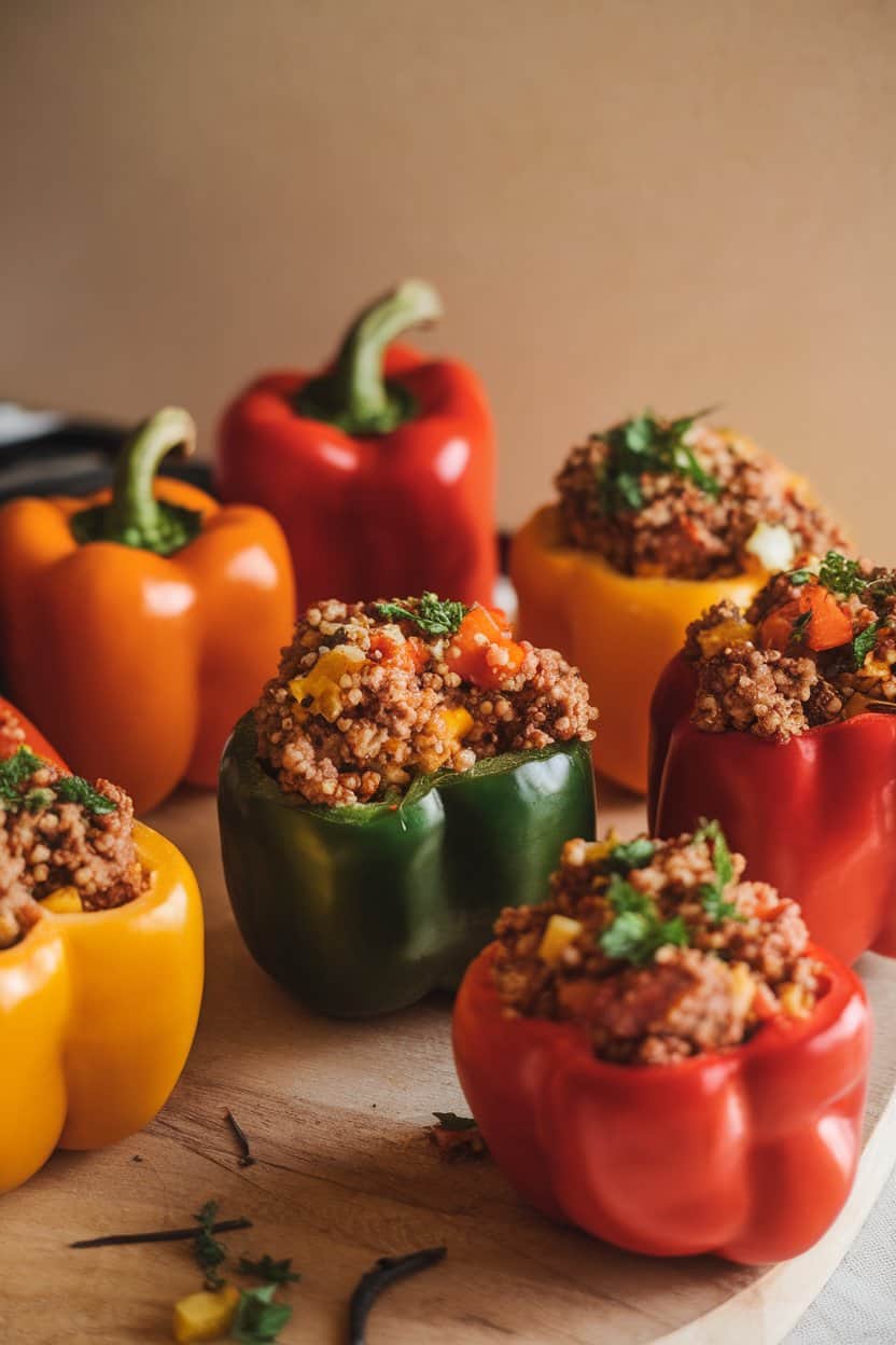 Indoor photo of colorful bell peppers filled with ground turkey, quinoa, and diced vegetables, baked until tender; soft oven-side lighting, no text or logos