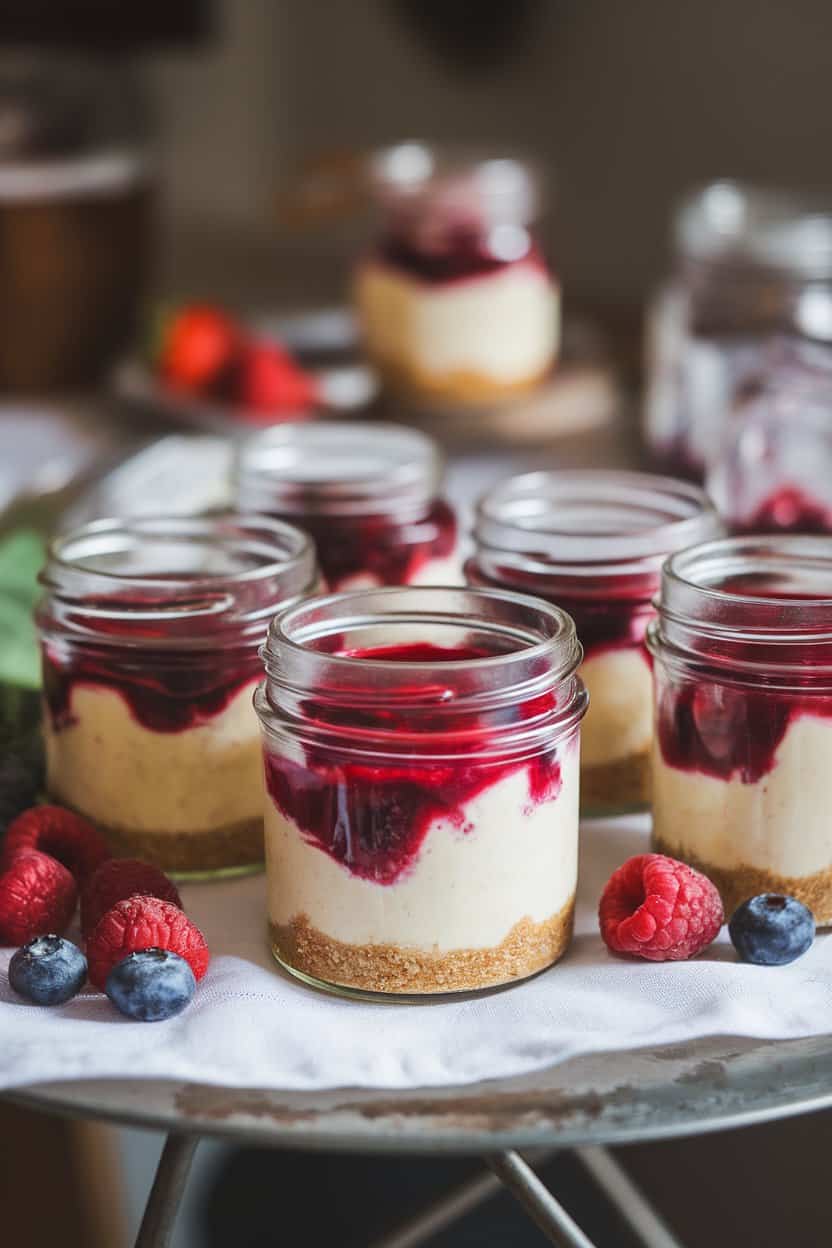 A photo taken indoors of individual mason jars filled with mini cheesecakes, graham crust at the bottom and berry sauce swirled on top. No logos or text visible.