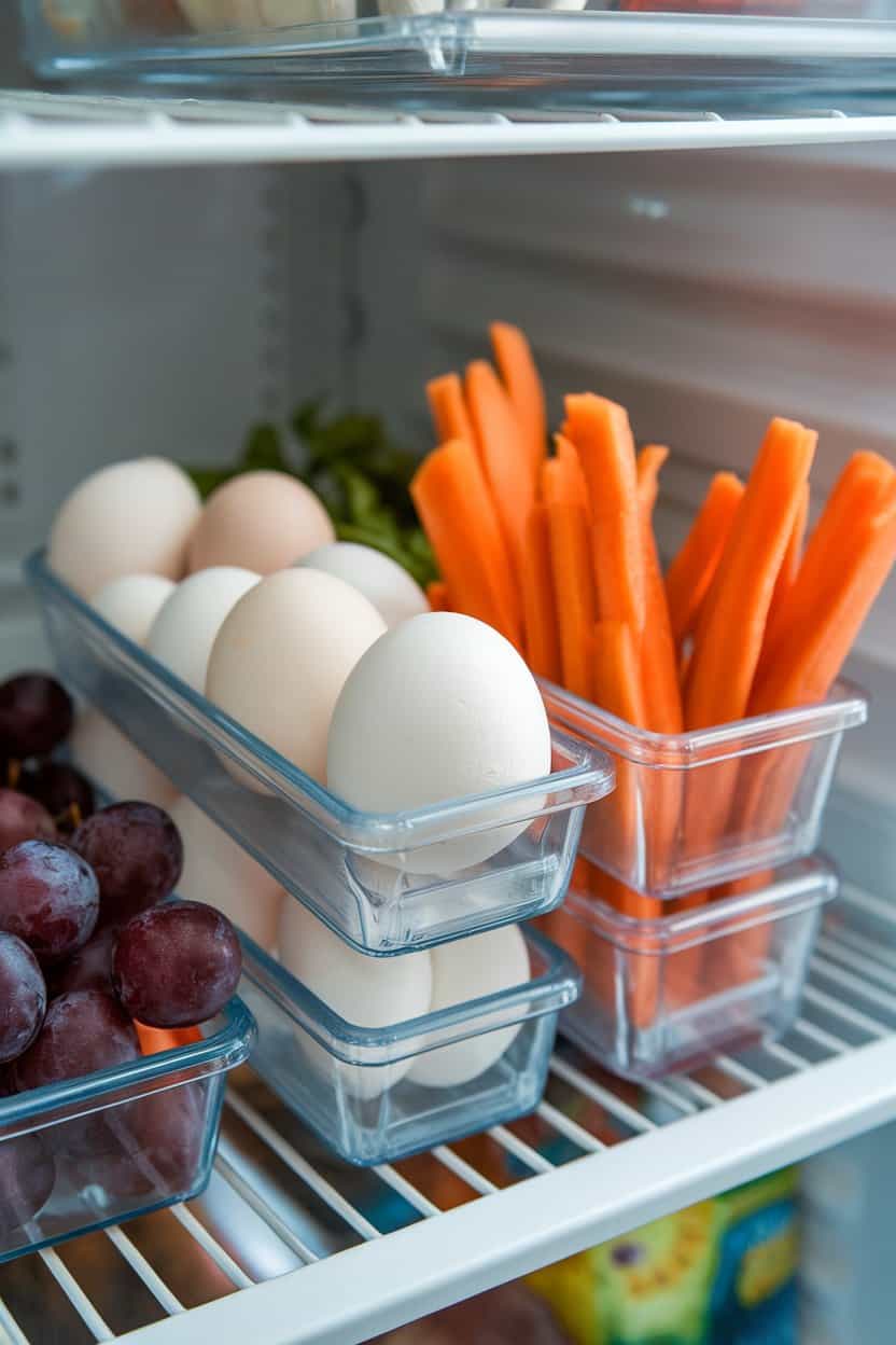 An indoor fridge shelf view with small containers holding peeled hard-boiled eggs, carrot sticks, and grapes. No brands, text, or logos; photo only.