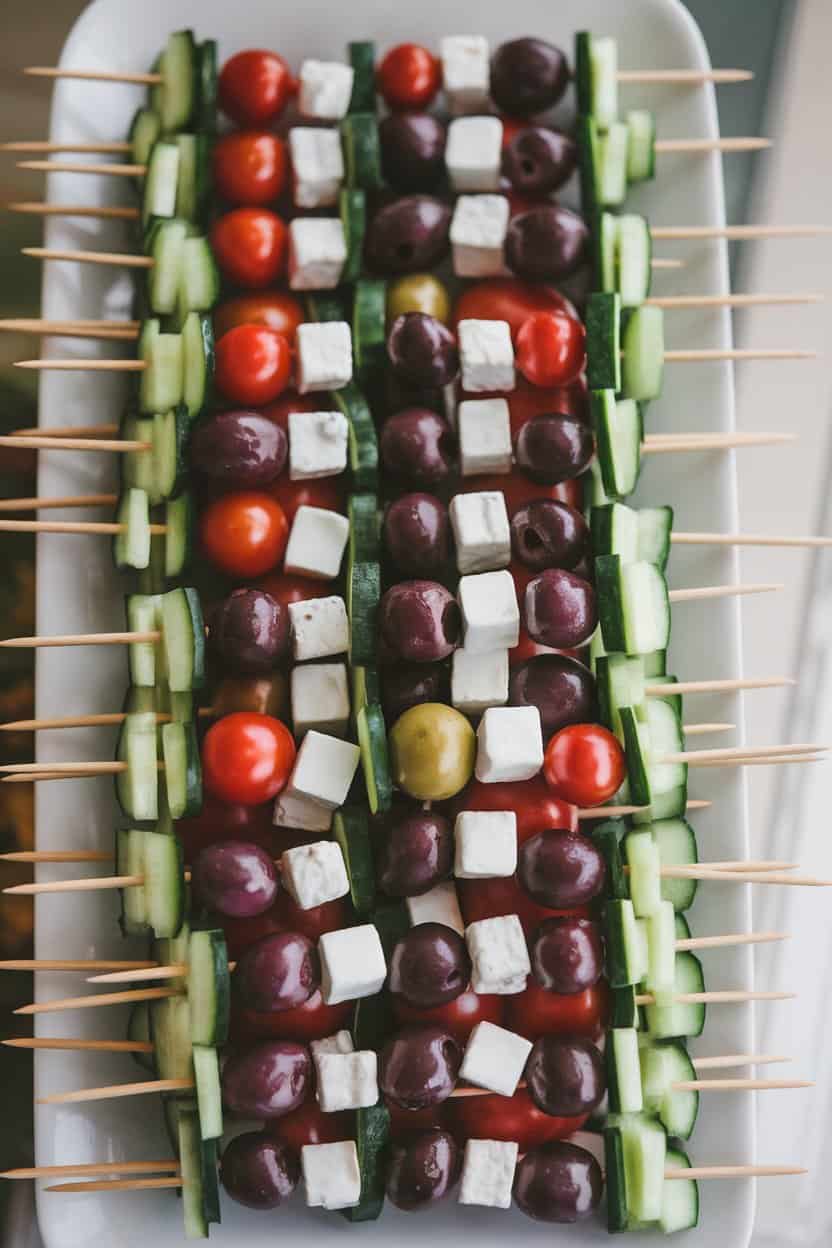 Short skewers indoors alternating cucumber slices, cherry tomatoes, feta cubes, and kalamata olives, laid neatly on a white platter. No text or logos shown.
