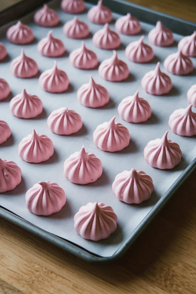An indoor baking sheet lined with petite pink meringue kisses, crisp and glossy, no text or logos.