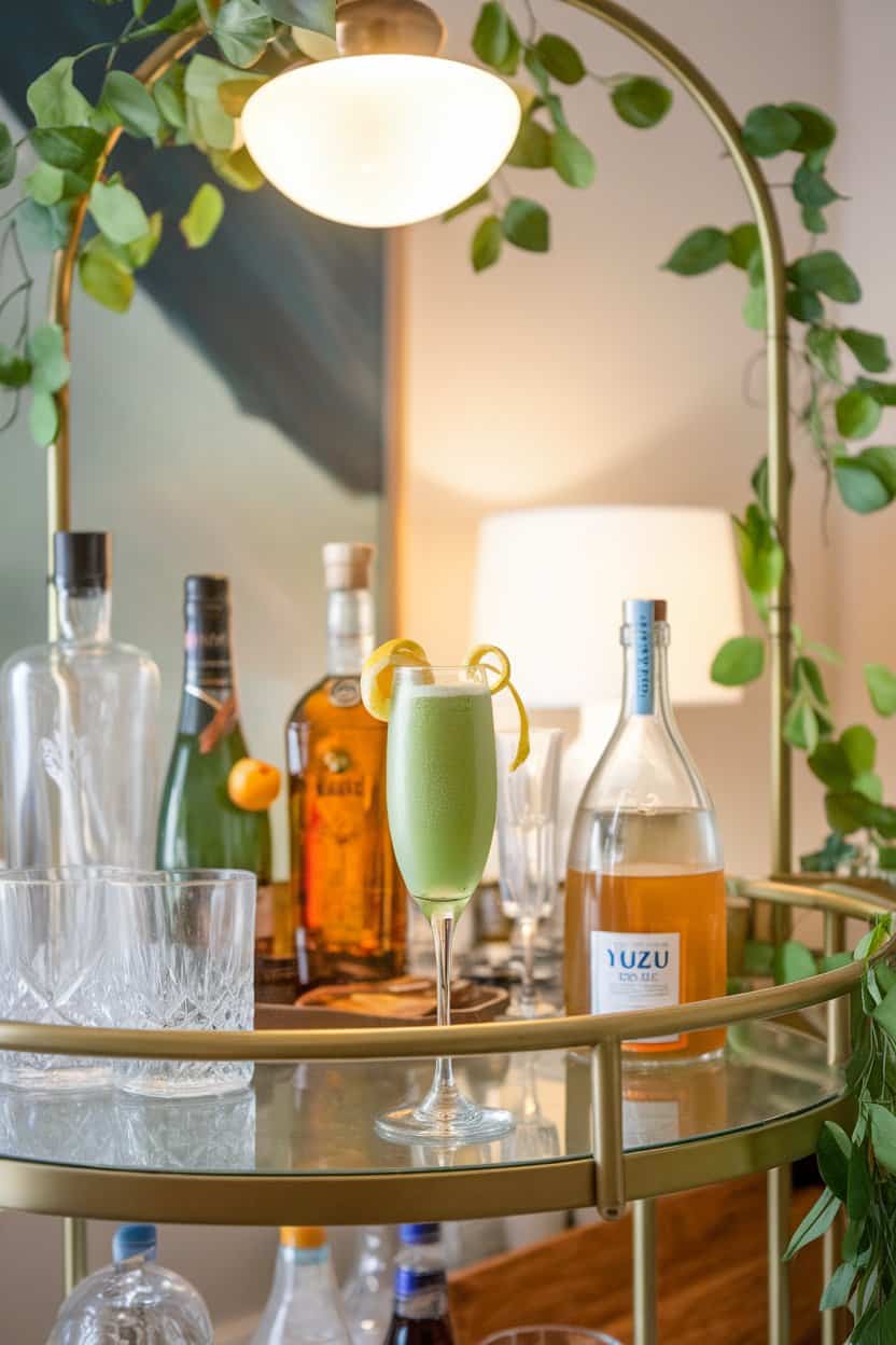 Indoor bar cart with champagne flute of bubbly green yuzu matcha, yuzu peel twist on rim, no text or logos. Photo