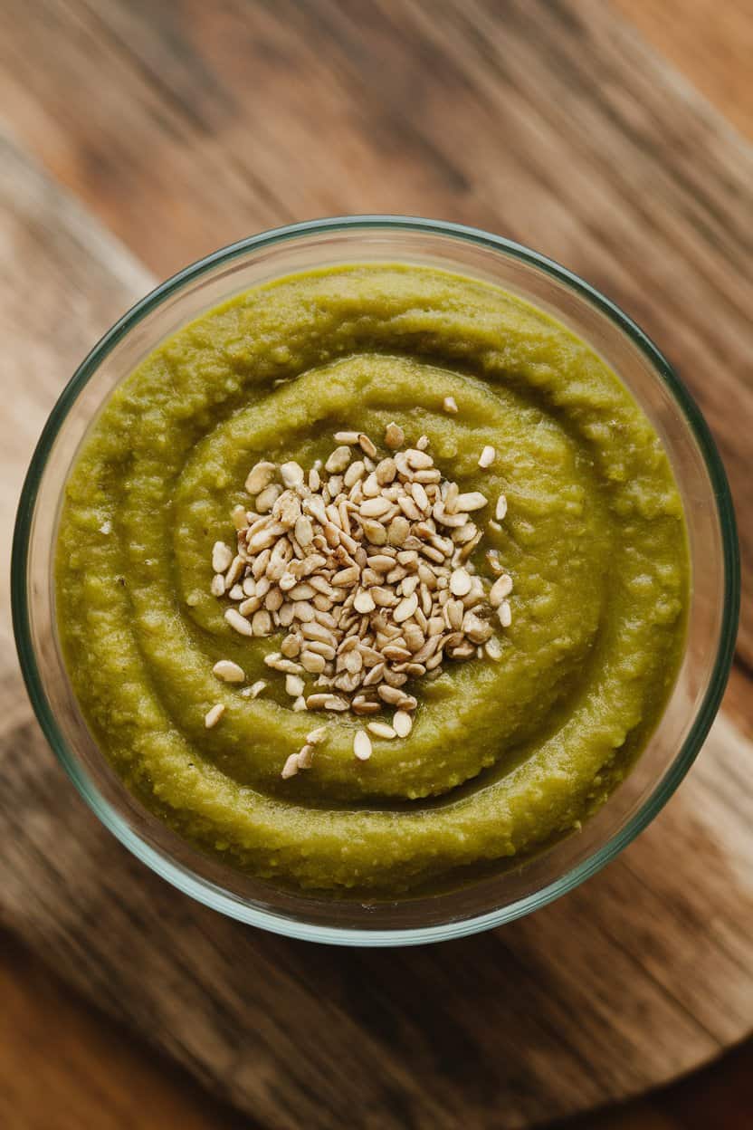 Indoor photo of vibrant green puréed veggie soup in a clear glass bowl, topped with a sprinkle of hemp seeds. No text or logos.