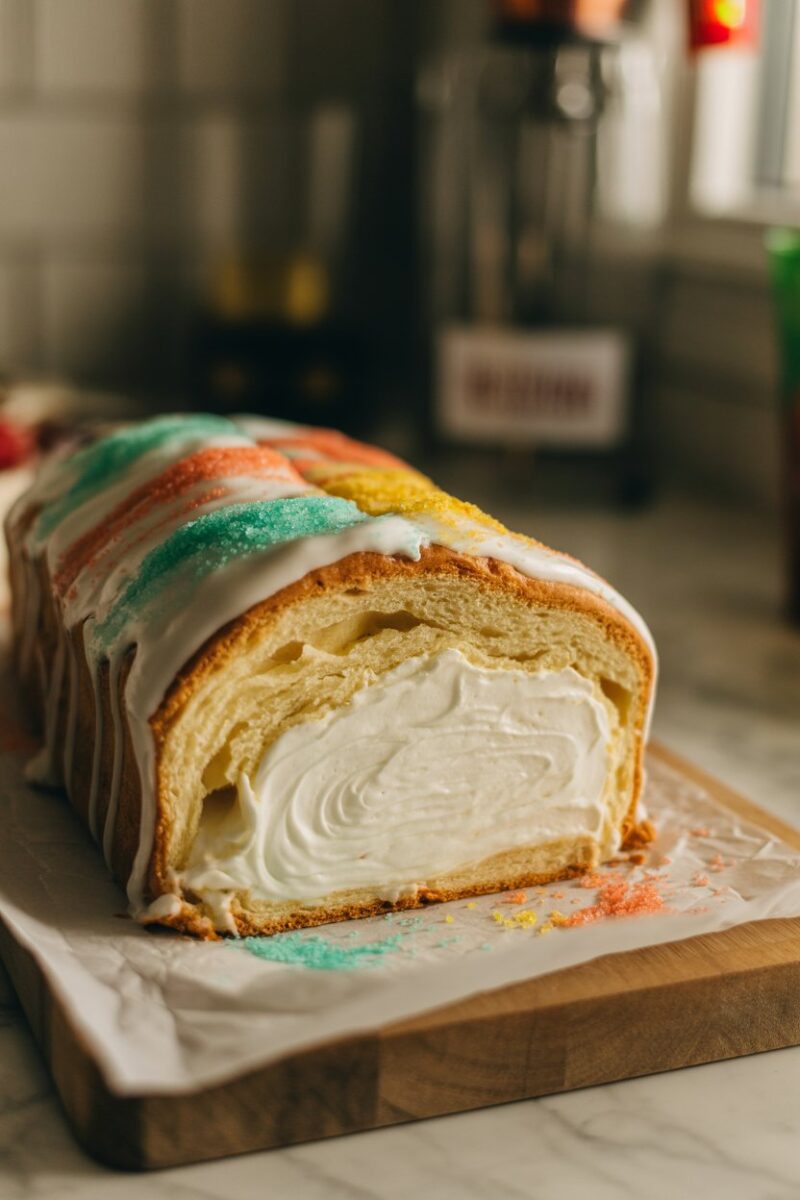 An indoor countertop scene featuring a sliced King Cake revealing a creamy white filling, colored sugars dusted across the top. Warm light, no text or logos.