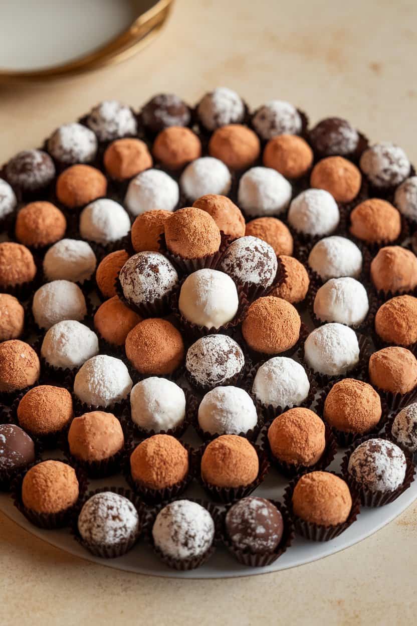 An indoor dessert board with assorted dark, milk, and white chocolate truffles dusted in cocoa and powdered sugar, no text or logos present.