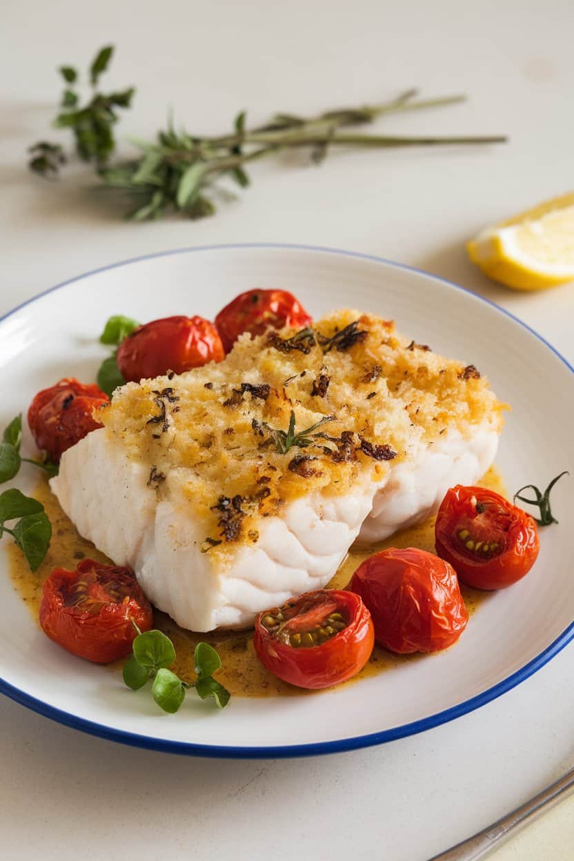 An indoor dining plate featuring a flaky cod fillet coated with golden Parmesan crust, accompanied by roasted cherry tomatoes. No text or logos; photo only.