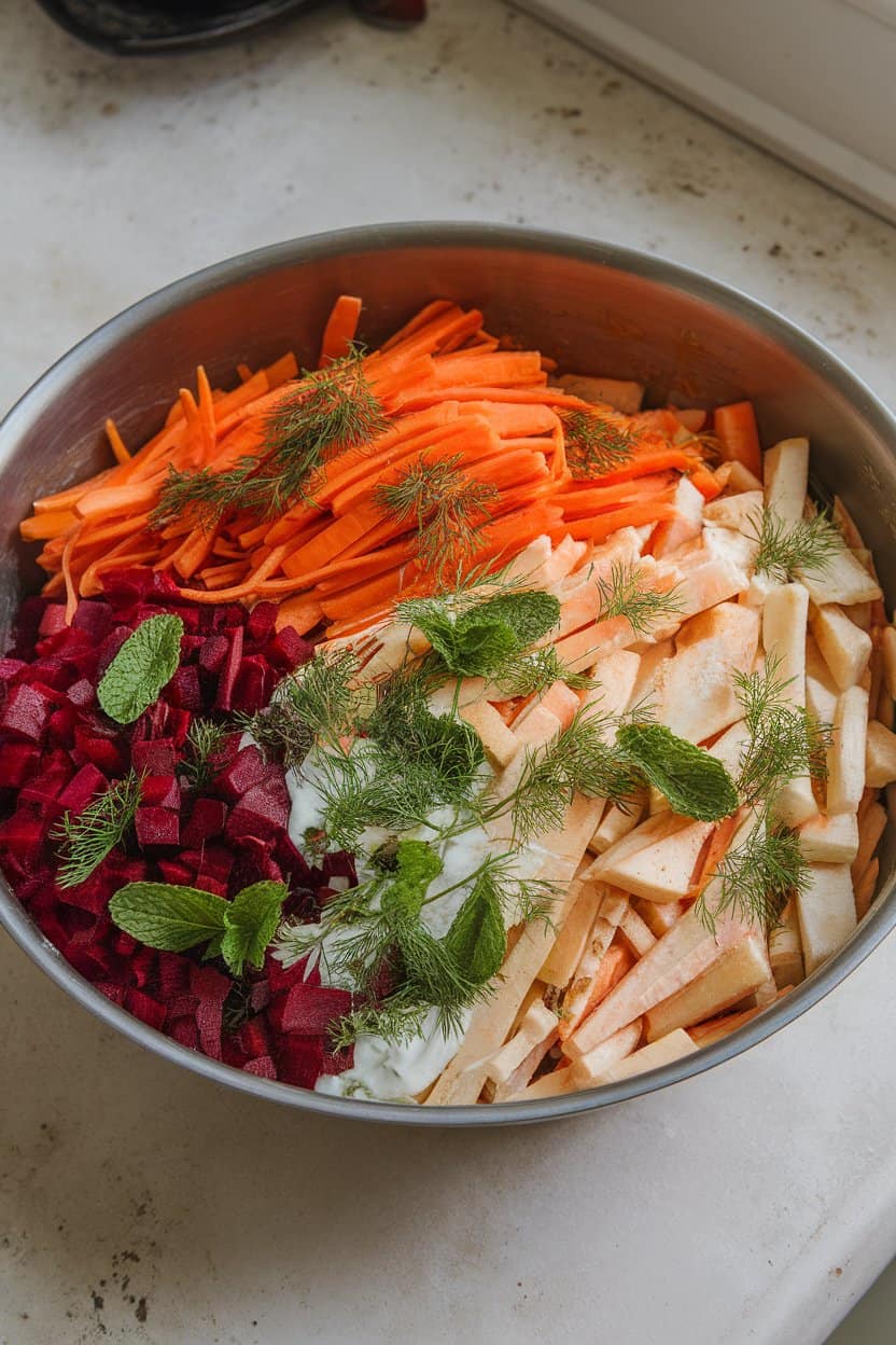 Photo of an indoor countertop showing a large bowl of shredded raw carrots, parsnips, and red beets, dressed in a yogurt-dill sauce, mint leaves sprinkled on top. No text or logos present.