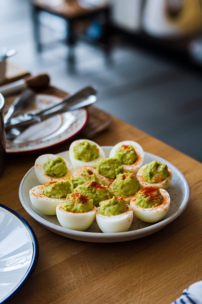 Indoor dining table displaying halved hard-boiled eggs filled with bright green guacamole, sprinkled with paprika. Photo, no text or logos.