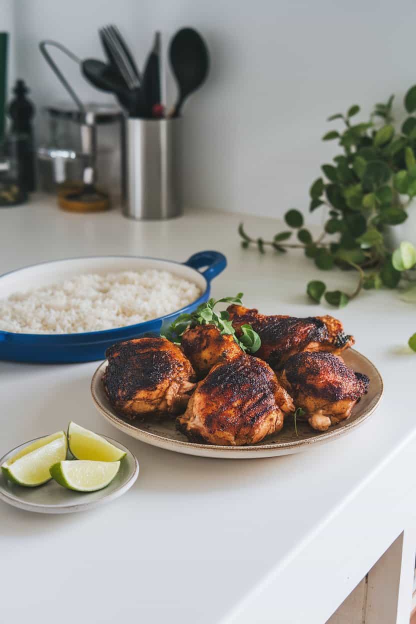 Indoor countertop with a dish of jerk-spiced chicken thighs, charred edges visible, lime wedges on the side. Photo only, no branding.
