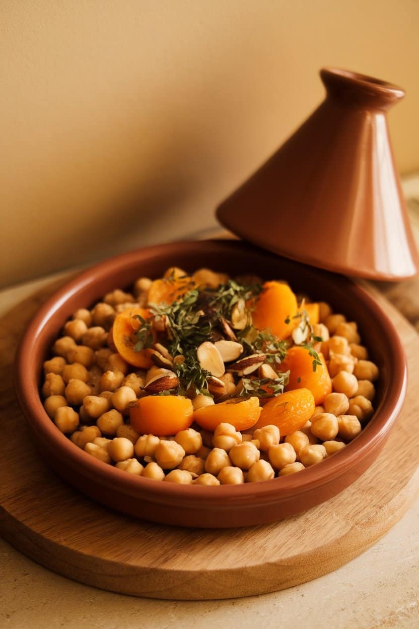 Indoor photo of vibrant chickpea tagine with apricots and almonds in a shallow dish—no logos