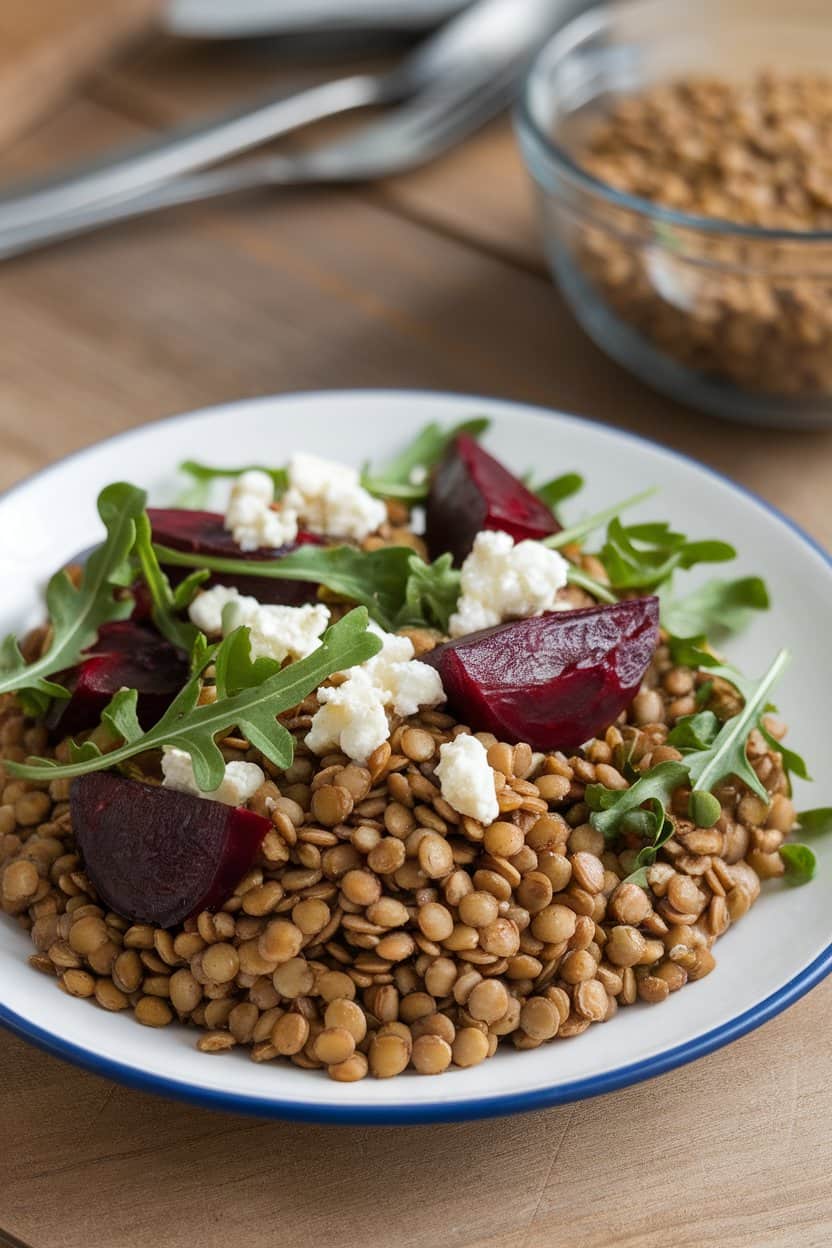 An indoor plate of French green lentils mixed with roasted beet wedges, arugula, and goat cheese crumbles. Slight side view, no text or logos. Photo only.