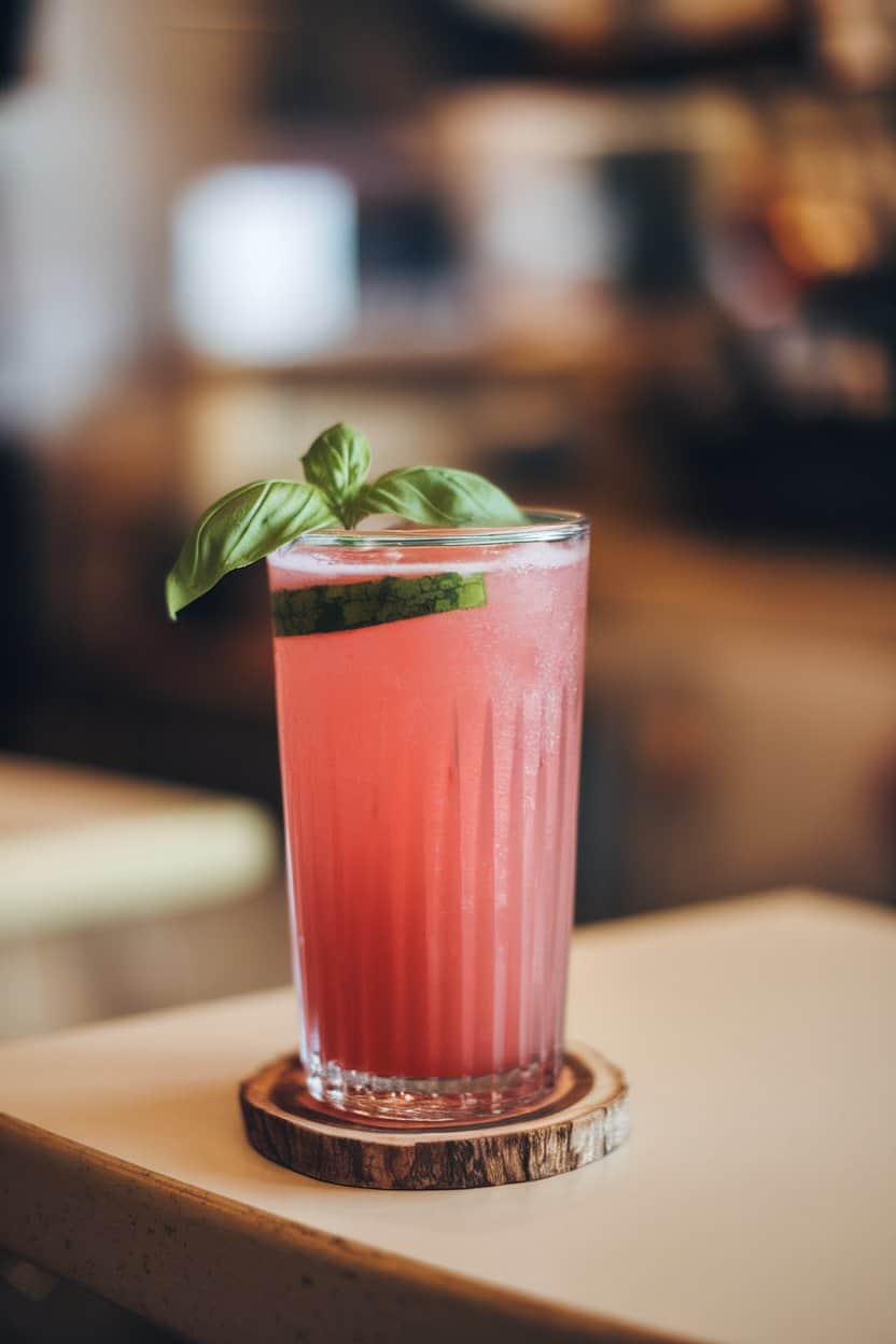 A photo of a tall glass filled with pink watermelon mocktail, tiny basil leaves floating on top, set on an indoor café table. No text or logos anywhere.
