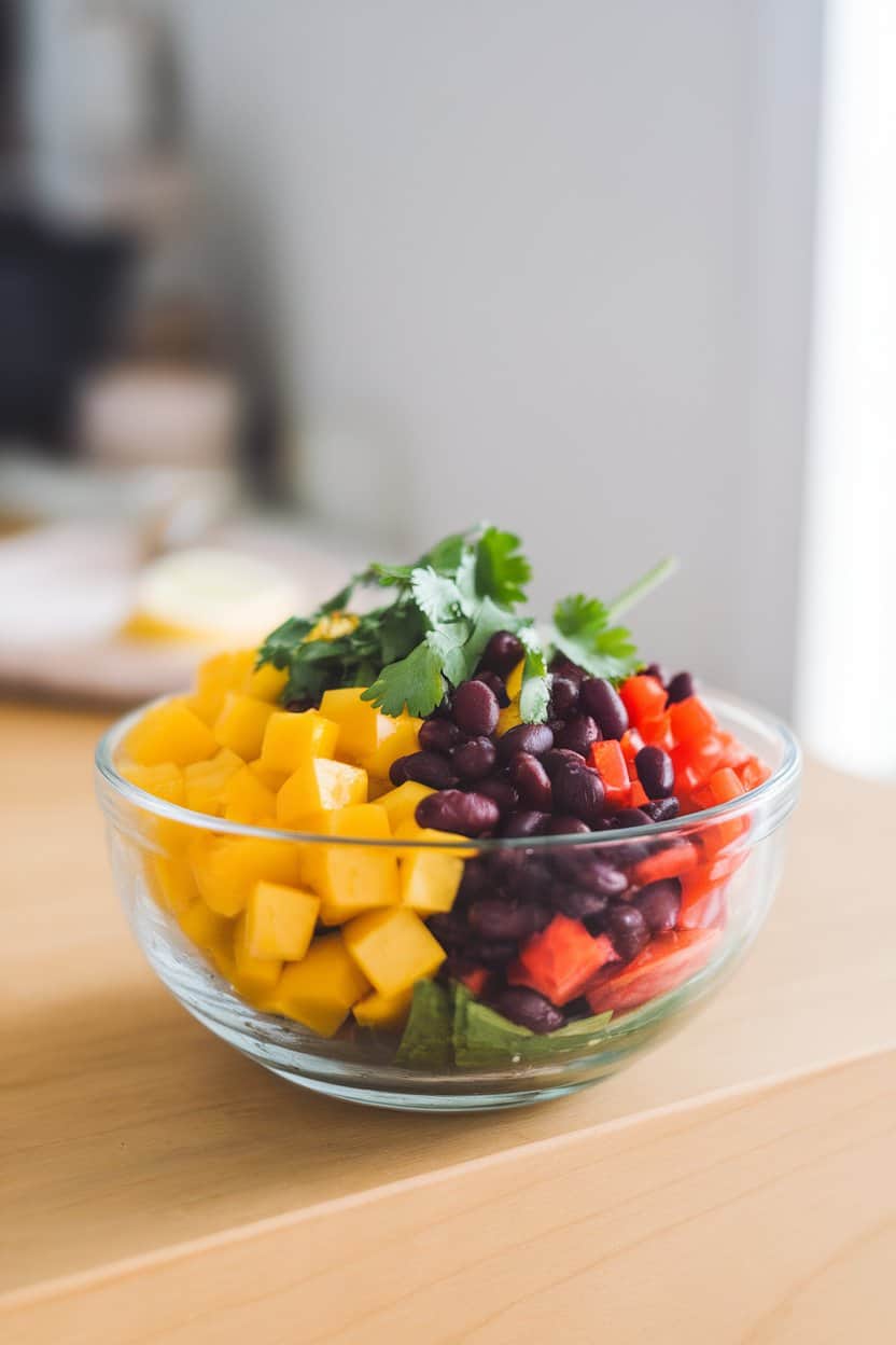 Photo of a bright indoor bowl containing diced mango, black beans, red bell pepper, and cilantro, lightly dressed with lime juice. No text or logos present.