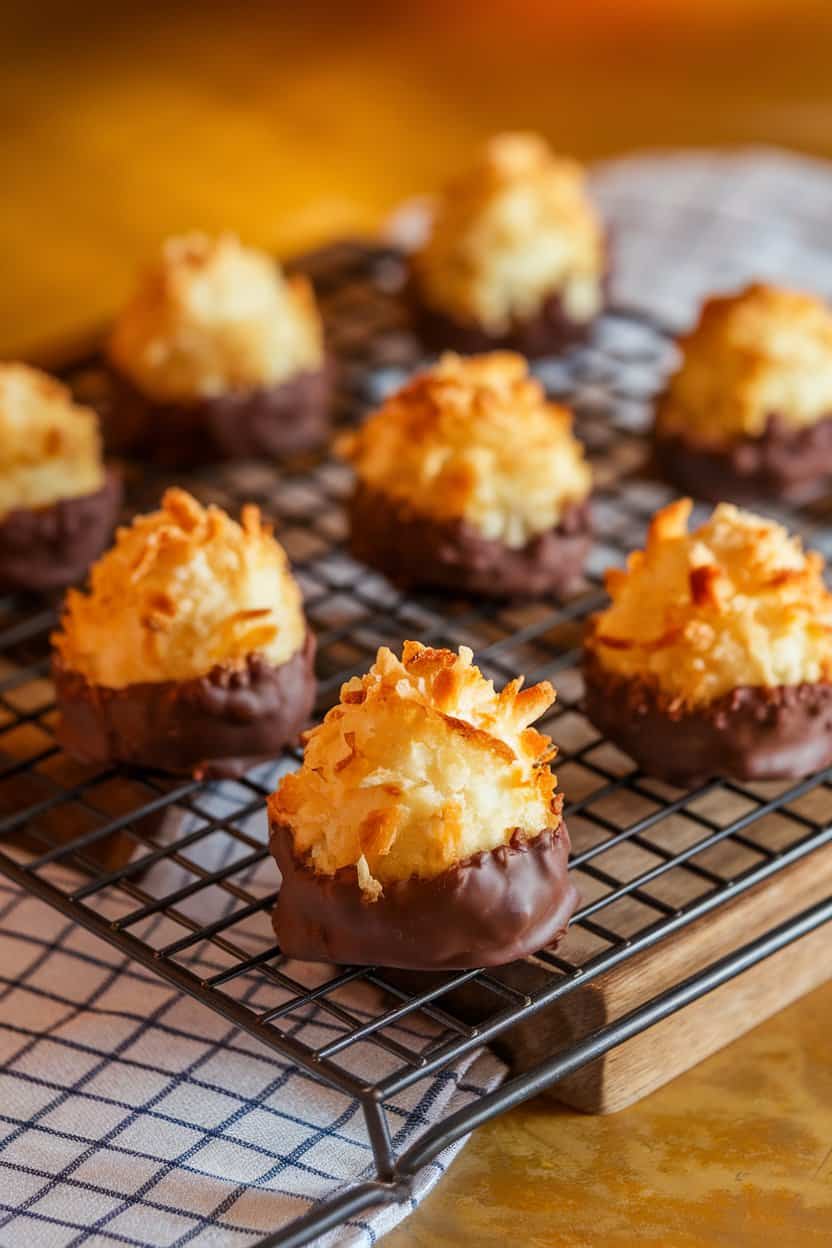 Indoor close-up of golden toasted coconut macaroons on a cooling rack, bottoms dipped in dark chocolate. No text or logos visible.