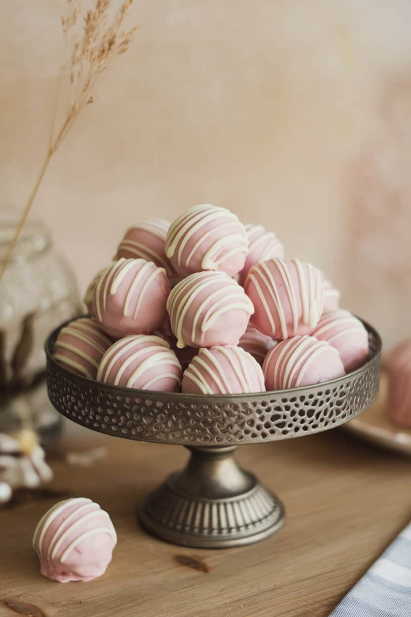 An indoor confectionery tray holding pastel pink cake balls drizzled with white chocolate stripes, no text or logos.