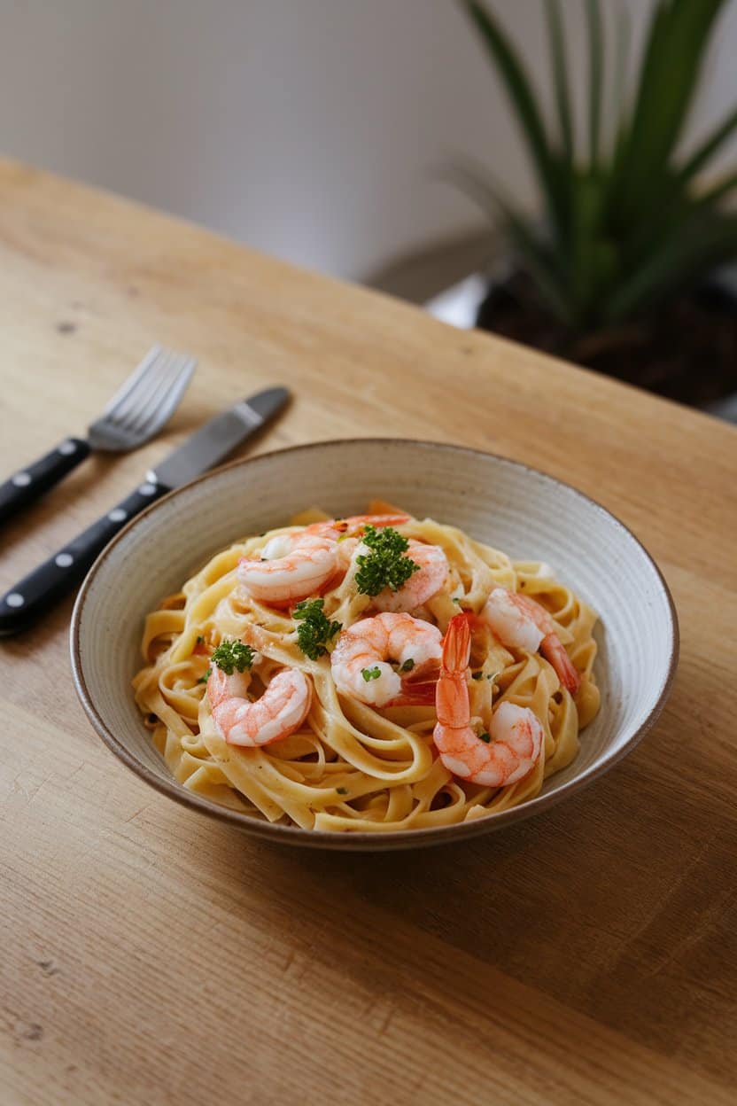An indoor dining table featuring a shallow pasta bowl of linguine tossed with cooked shrimp, garlic butter sauce, and parsley. No text or logos; photo only.