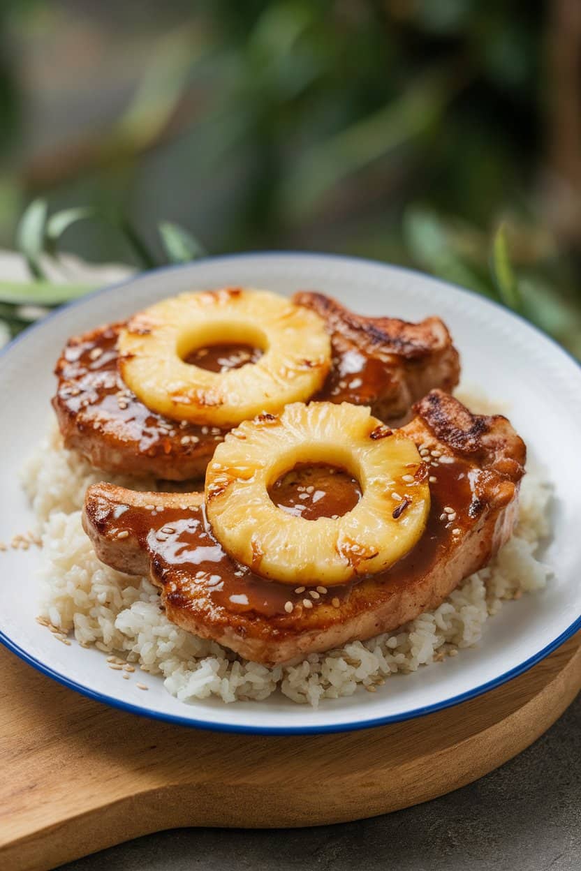 An indoor plate showing pork chops glazed with teriyaki sauce and topped with warm pineapple rings, sesame seeds sprinkled over top. No text or logos. Photo, not illustration.