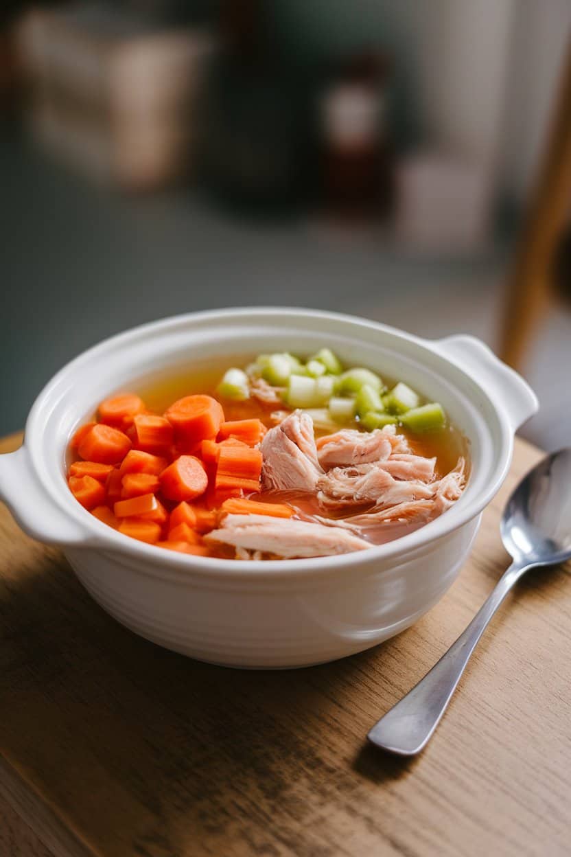 An indoor photo of a white ceramic bowl filled with clear chicken broth, diced carrots, celery, and shredded cooked chicken, steam gently rising, set on a wooden table with a spoon beside it. No text or logos in view.