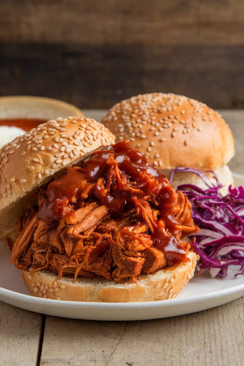 Indoor plate of barbecue-sauced pulled jackfruit piled on sesame seed buns, purple slaw on the side, no branding.