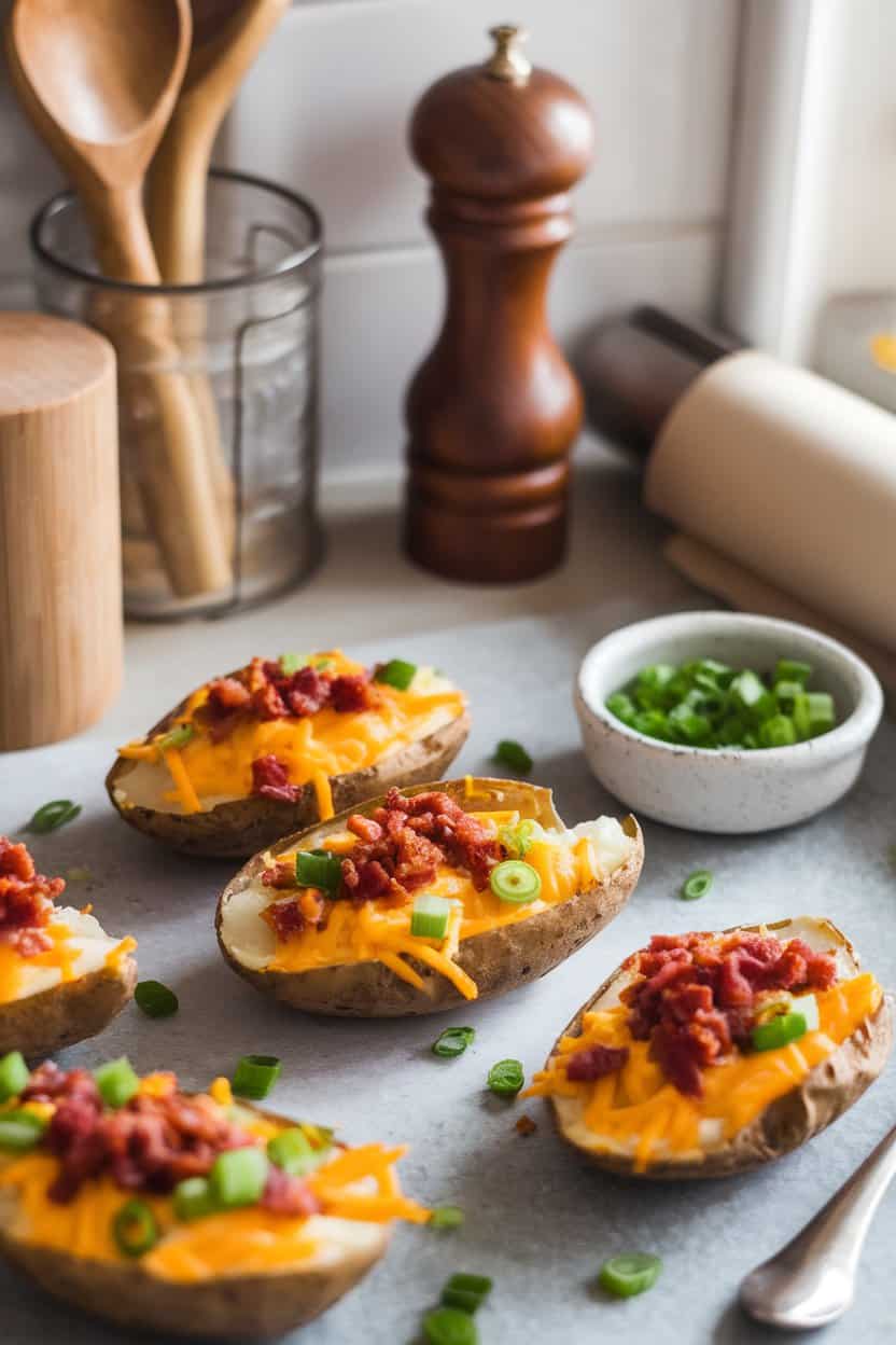 A cozy indoor countertop featuring halved potato skins filled with melted cheddar, crumbled bacon, and green onions. No text or logos visible.
