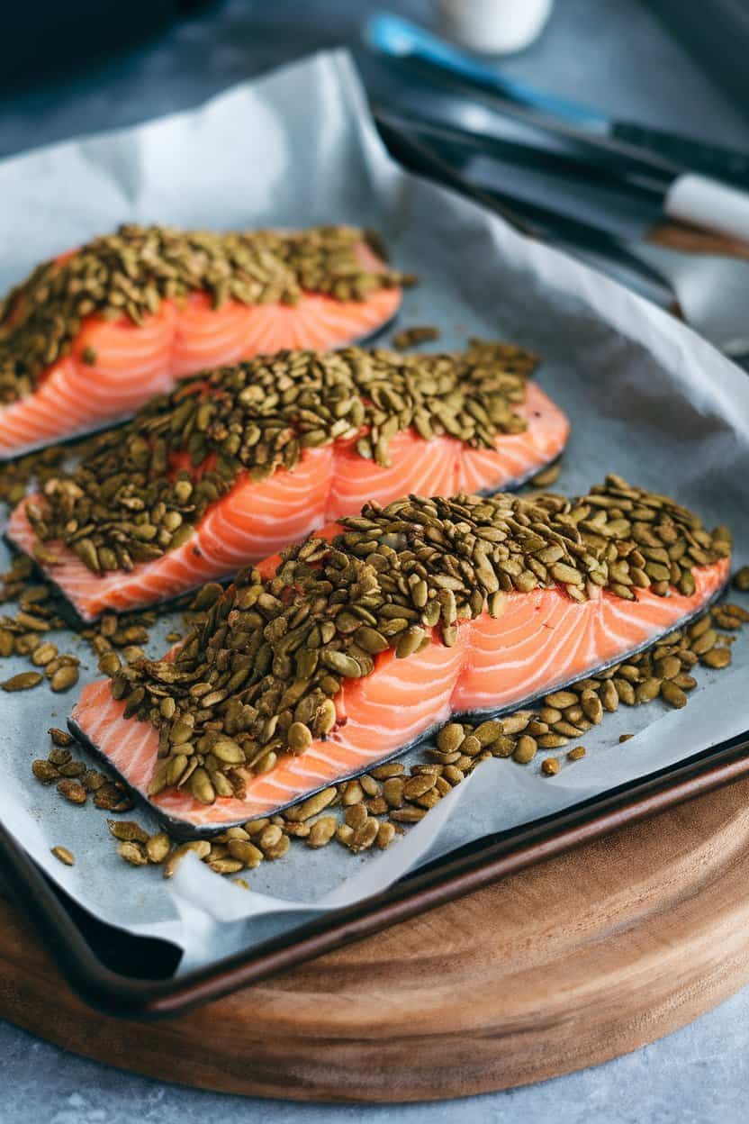 Photo of an indoor baking sheet featuring salmon fillets coated in crushed pumpkin seeds, slightly toasted and green. No text or logos.