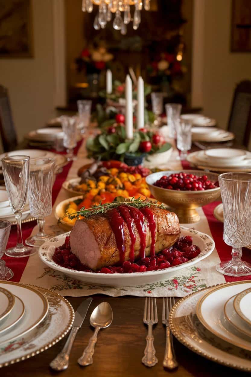 An indoor holiday-ready table featuring pork chops draped in ruby cranberry sauce, thyme sprigs atop for garnish. No text or logos. Photo only.